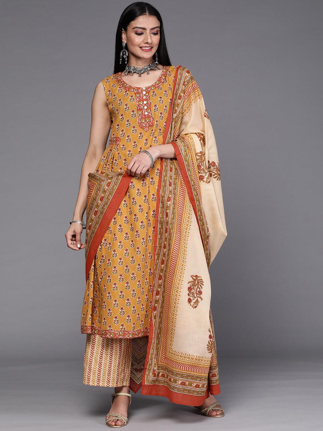 Mustard Printed Cotton Suit Set