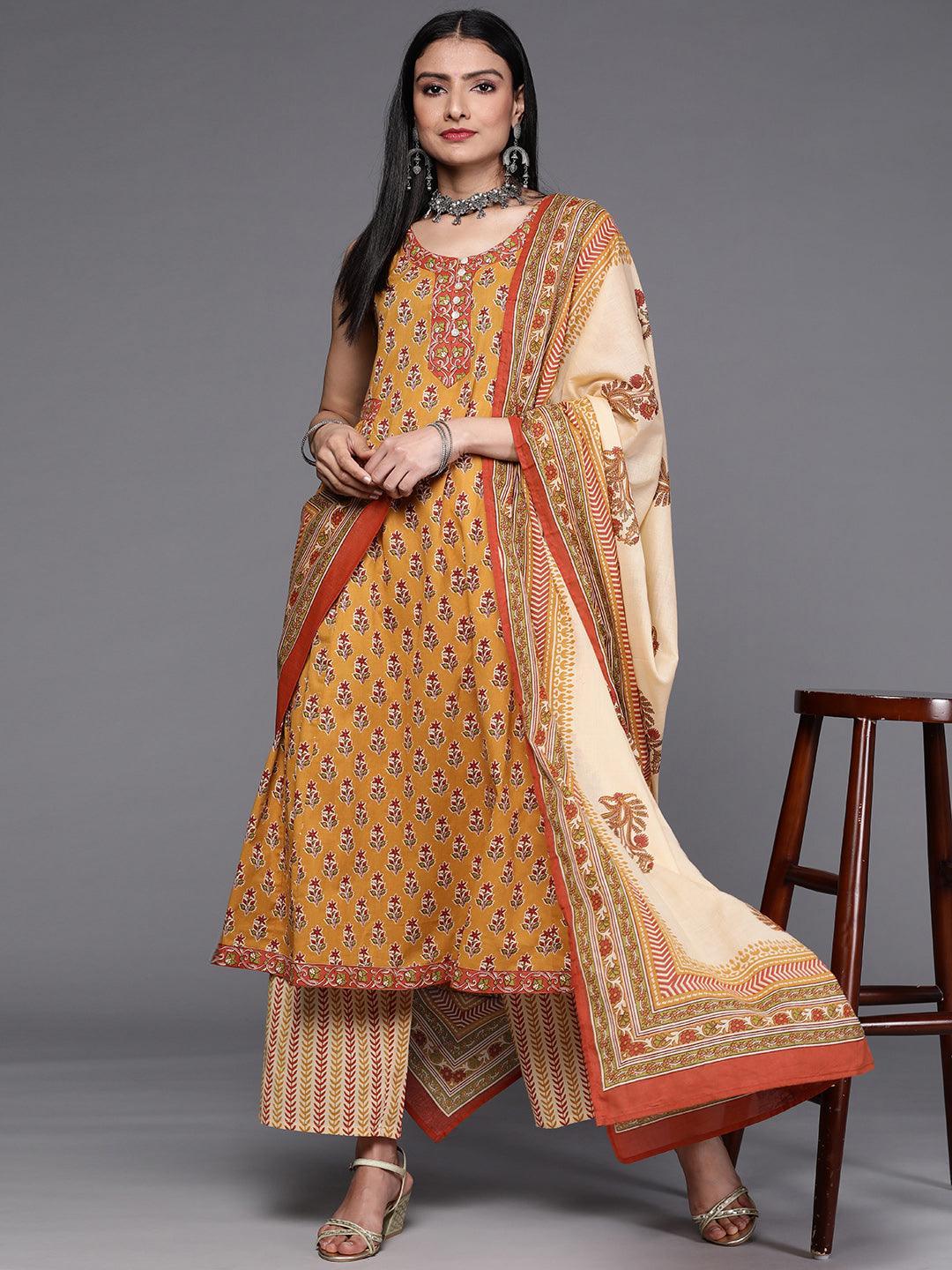 Mustard Printed Cotton Suit Set