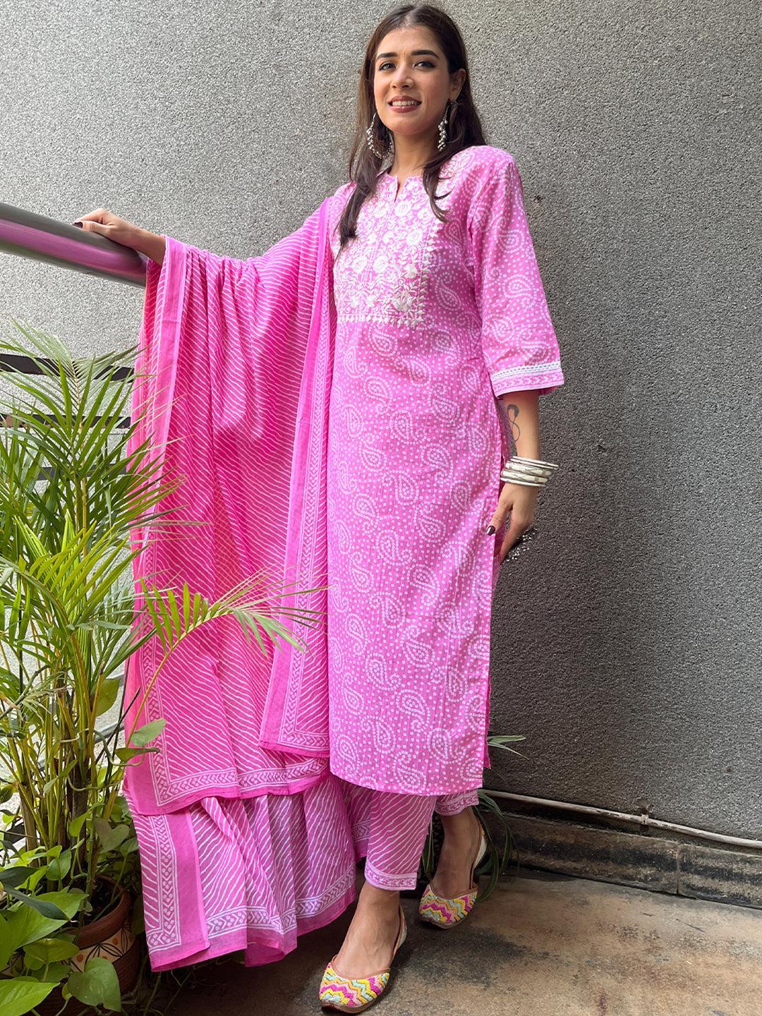 Pink Printed Cotton Suit Set