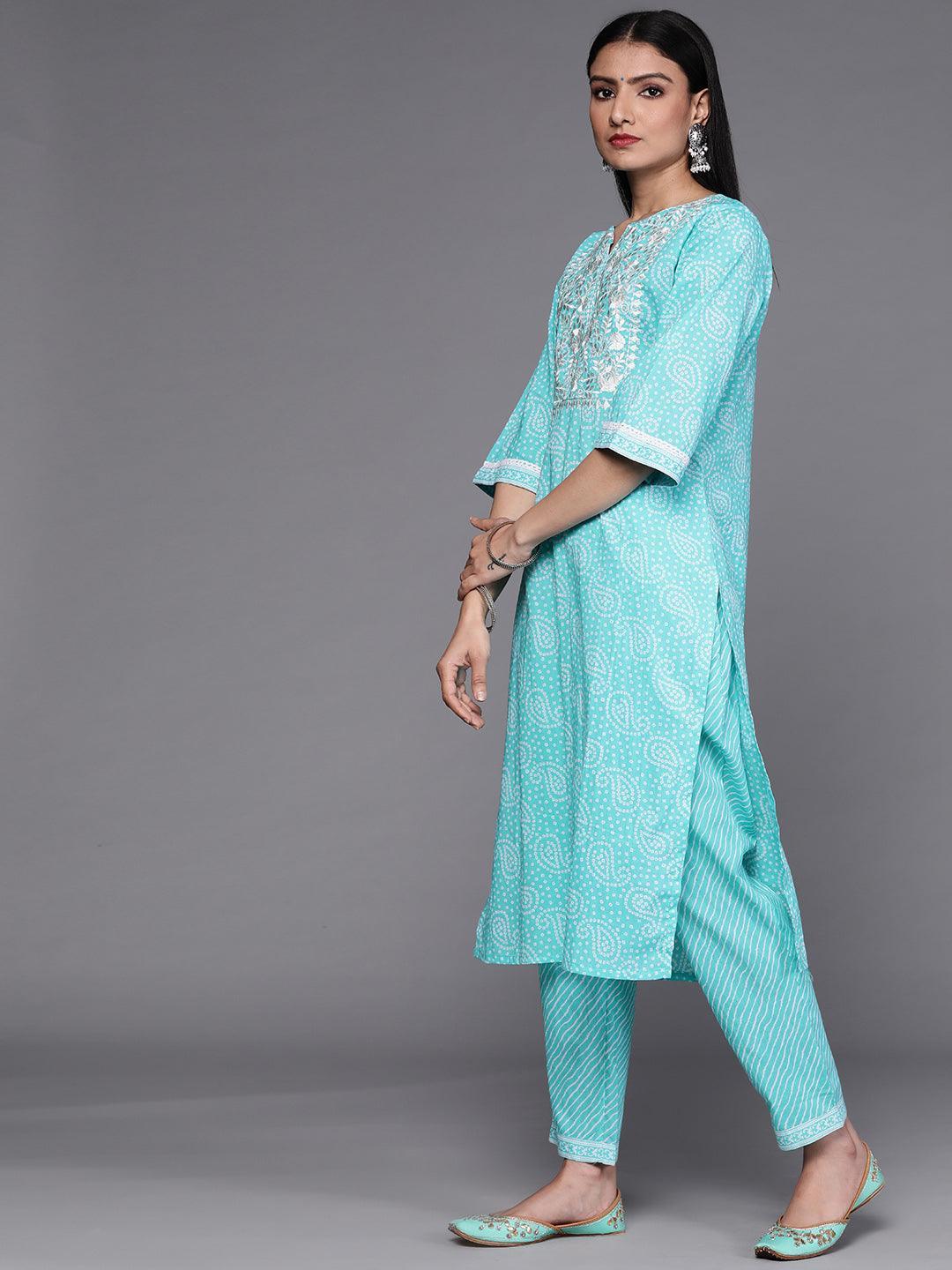 Blue Printed Cotton Suit Set - ShopLibas