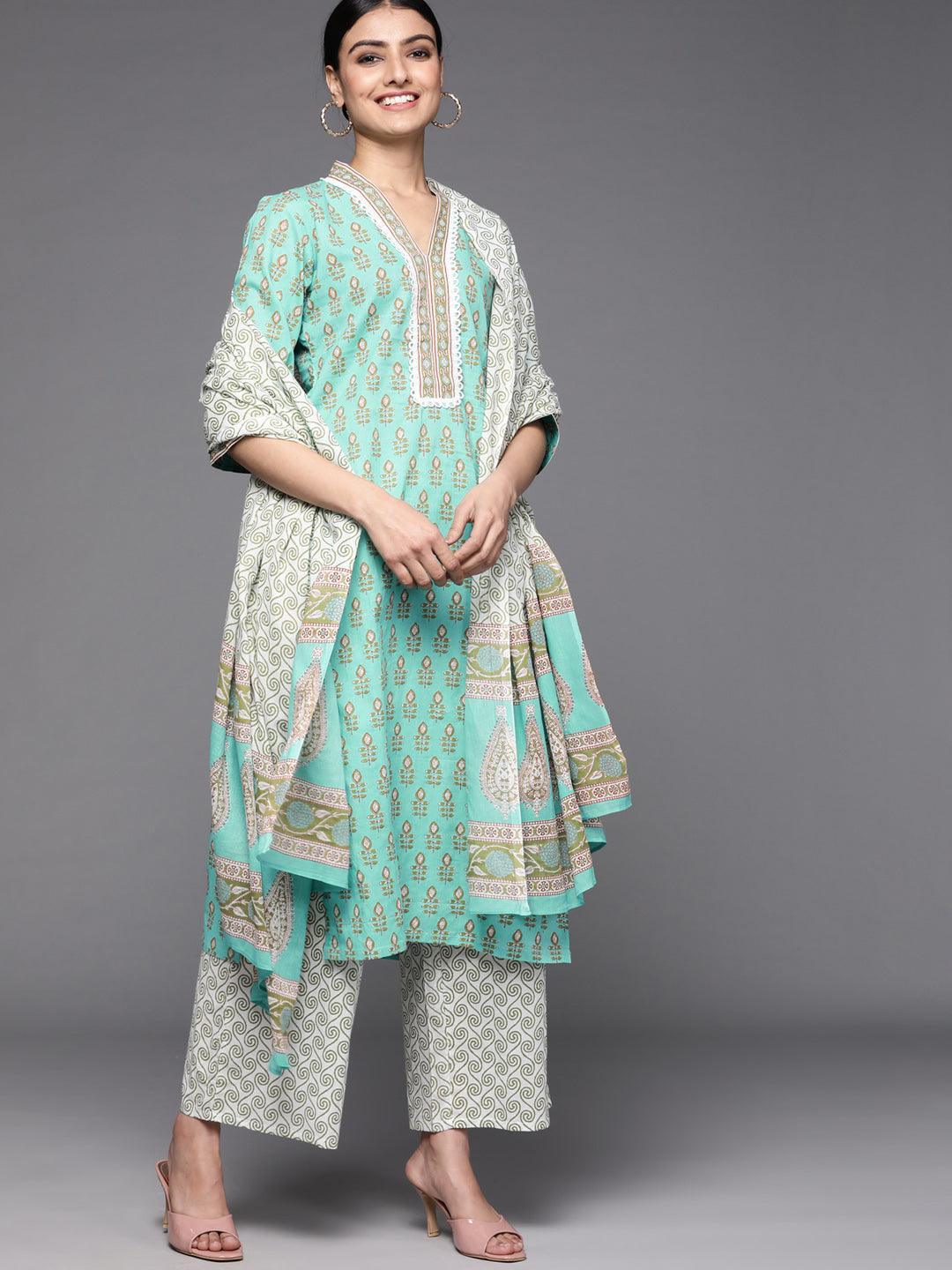 Sea Green Printed Cotton Suit Set - ShopLibas