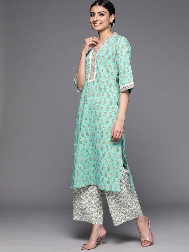 Sea Green Printed Cotton Suit Set - ShopLibas