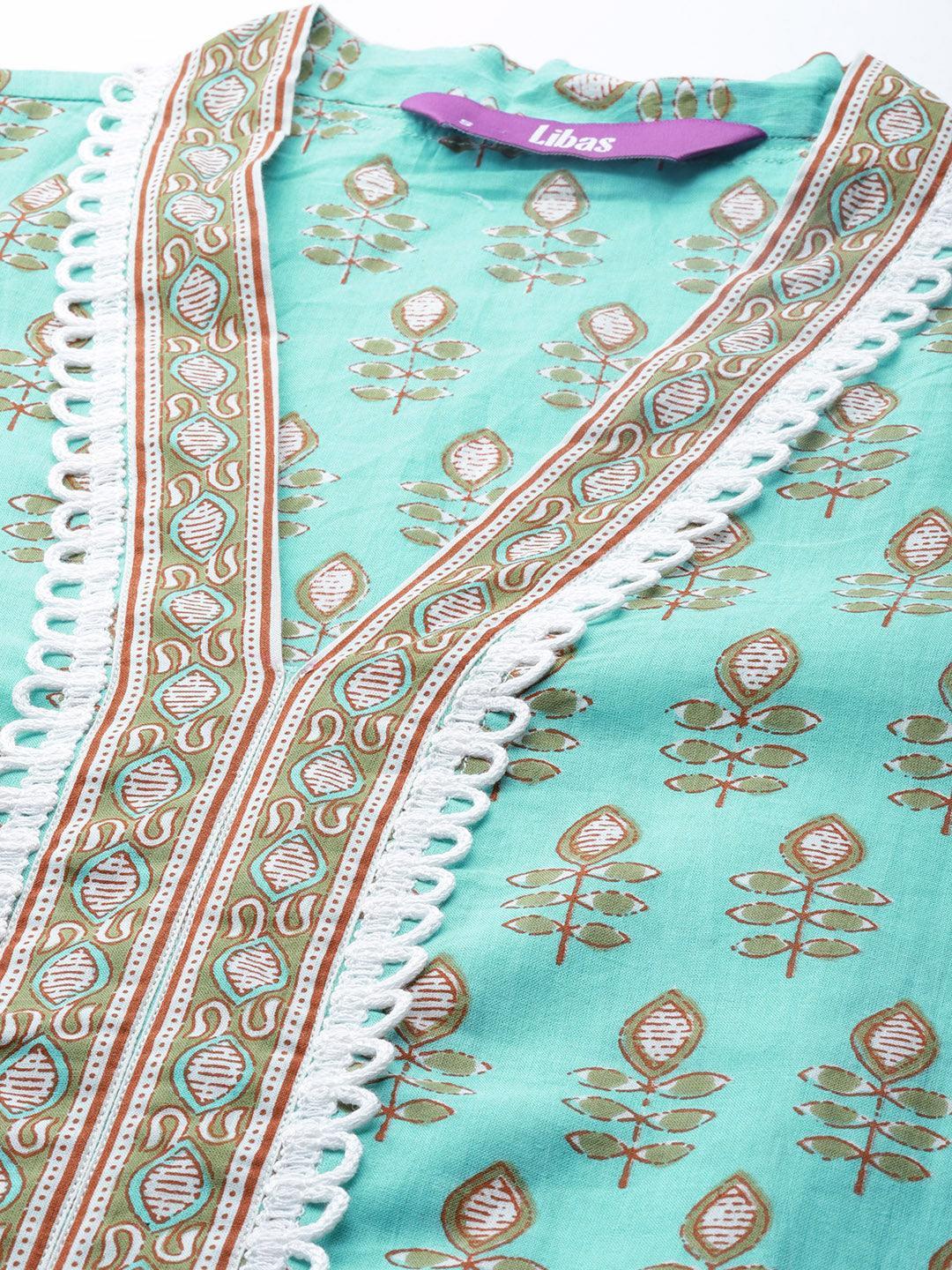 Sea Green Printed Cotton Suit Set - ShopLibas