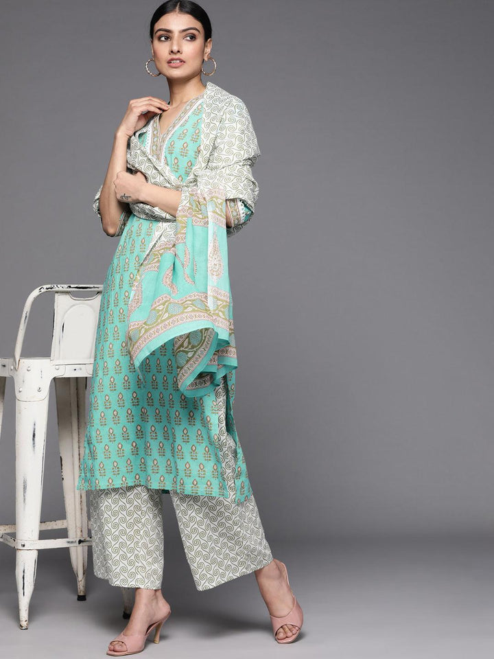 Sea Green Printed Cotton Suit Set - ShopLibas