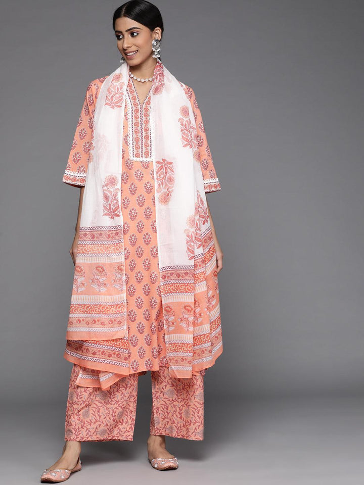 Peach Printed Cotton Suit Set - ShopLibas