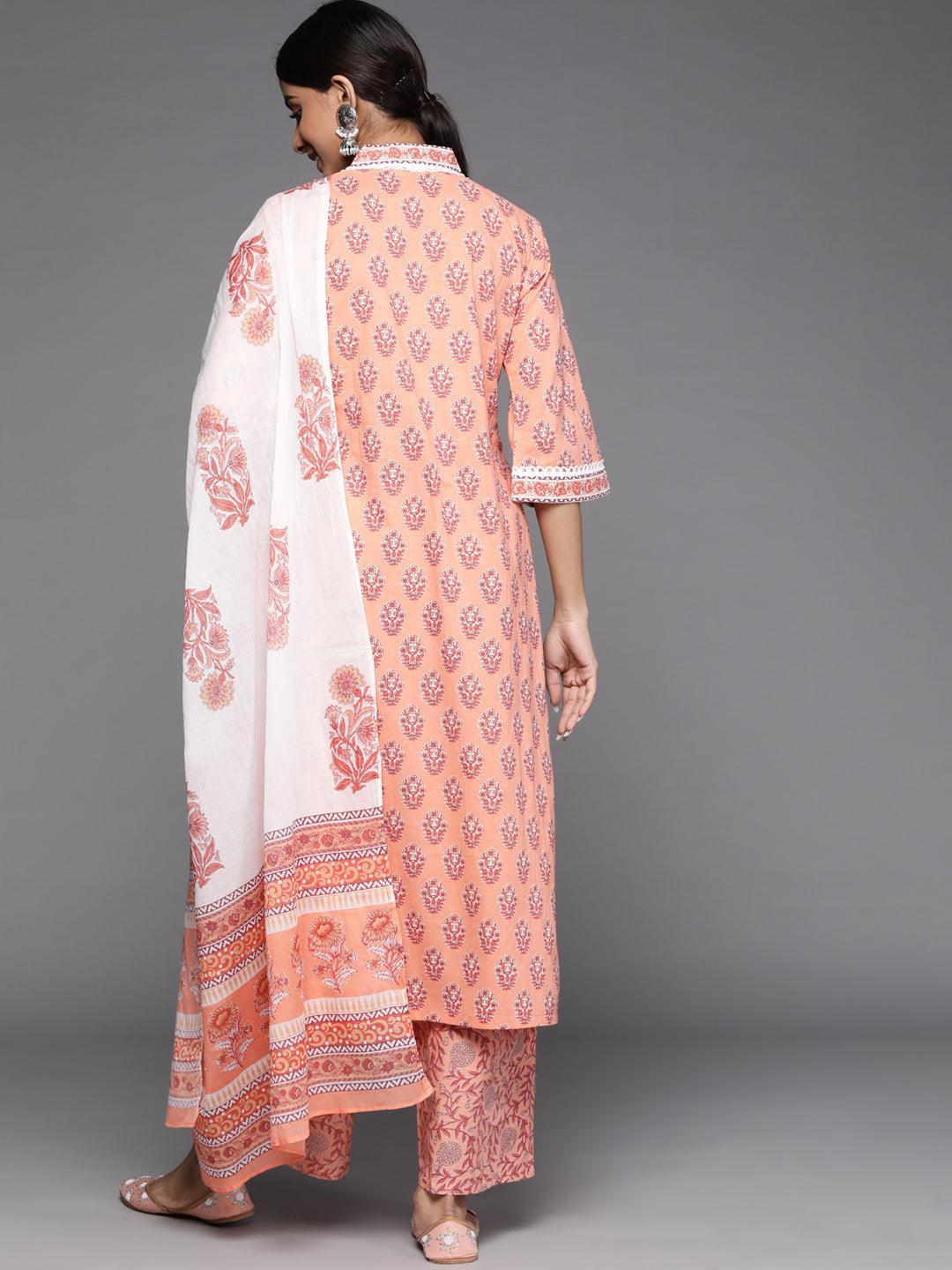 Peach Printed Cotton Suit Set - ShopLibas