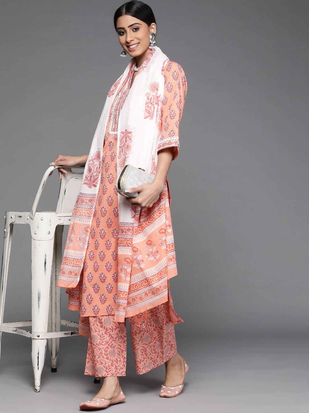 Peach Printed Cotton Suit Set - ShopLibas