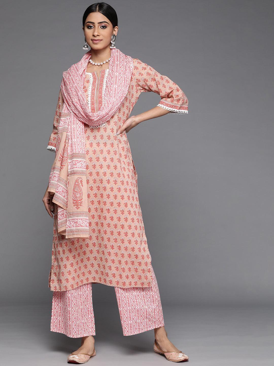 Peach Printed Cotton Suit Set - ShopLibas