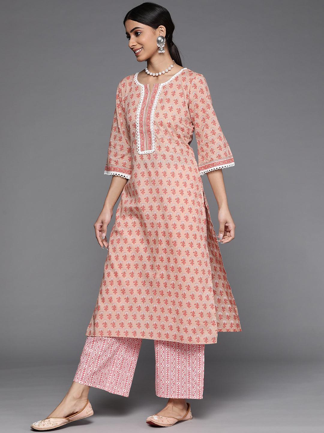 Peach Printed Cotton Suit Set - ShopLibas