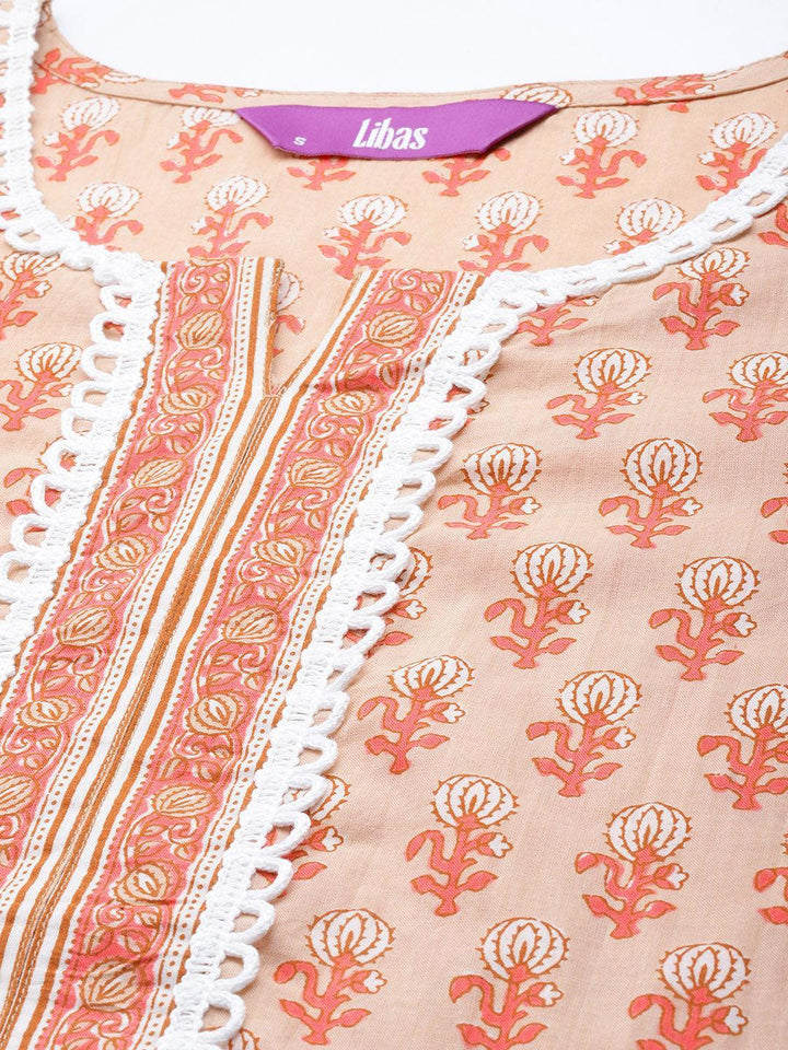 Peach Printed Cotton Suit Set - ShopLibas