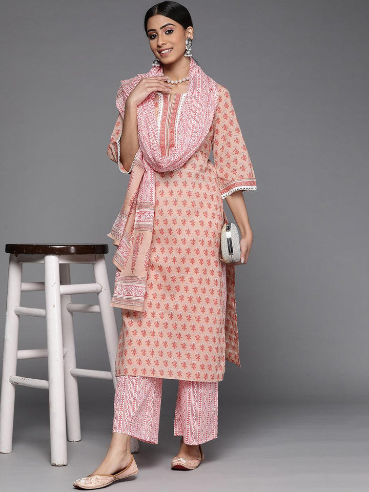 Peach Printed Cotton Suit Set - ShopLibas