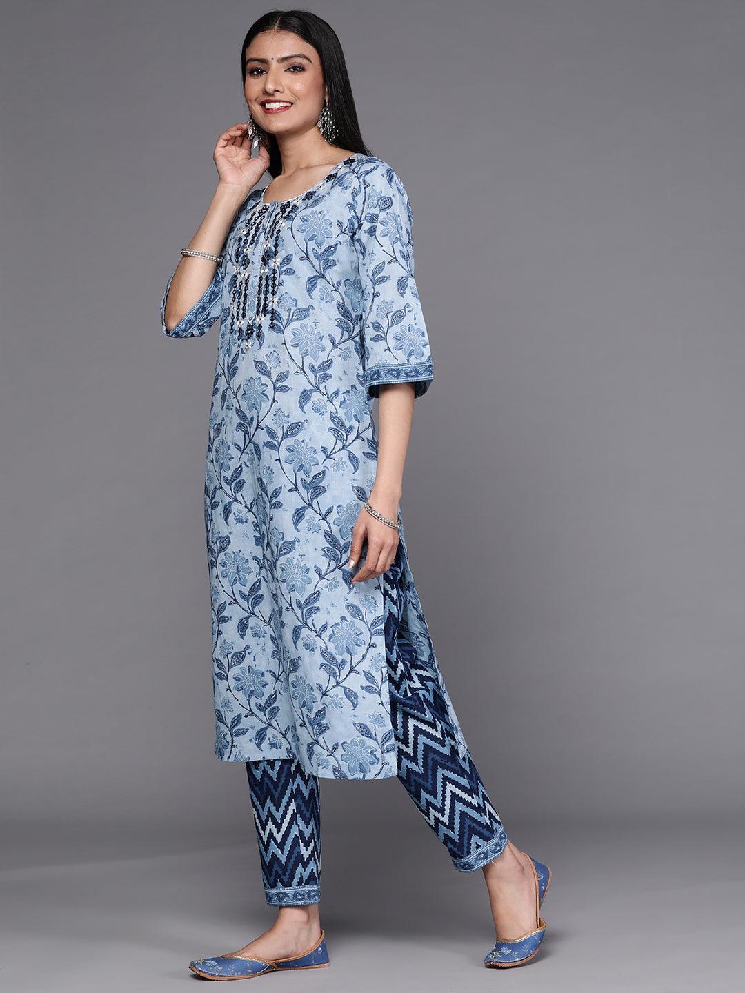 Blue Printed Cotton Suit Set