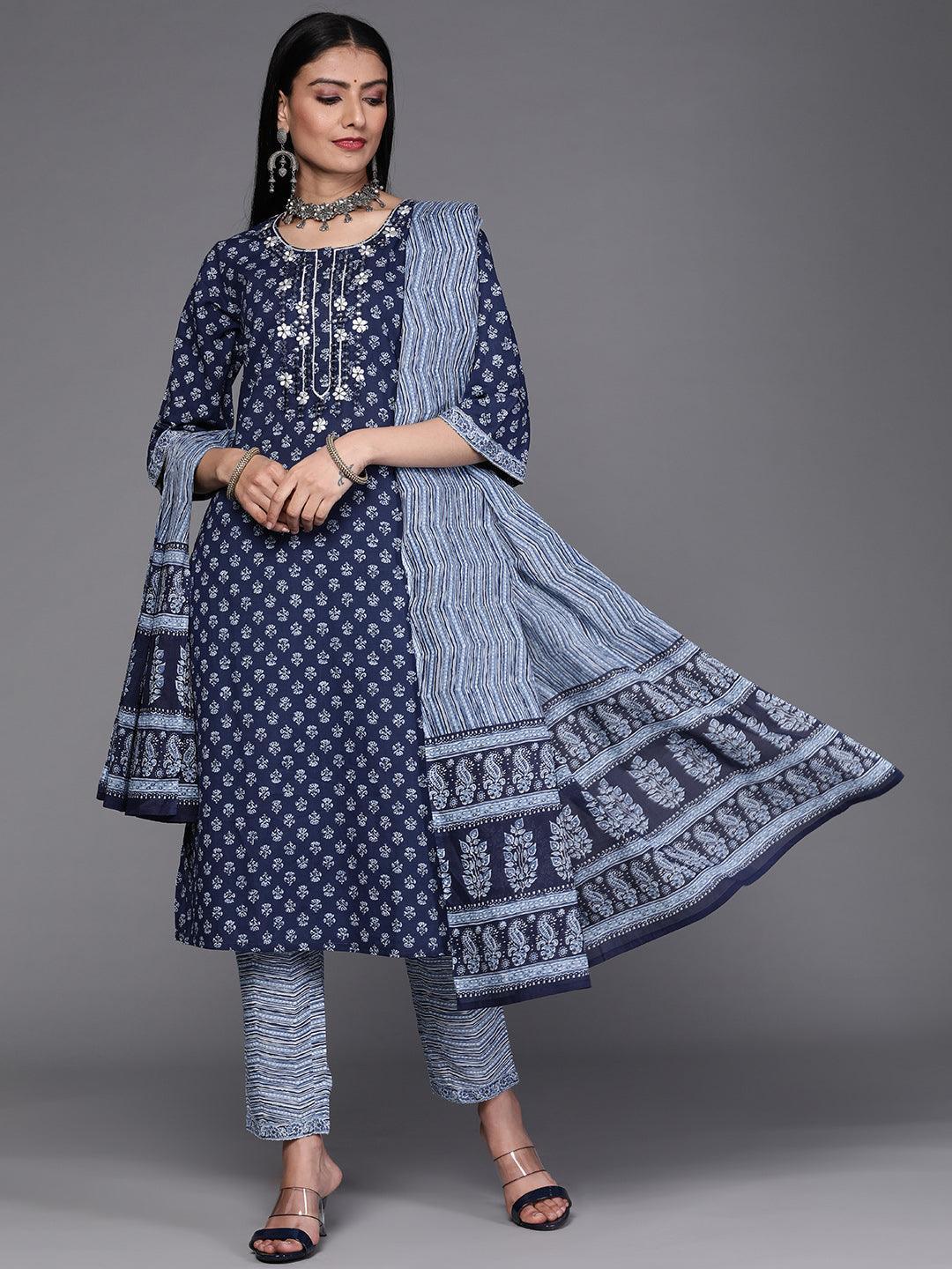 Blue Printed Cotton Suit Set