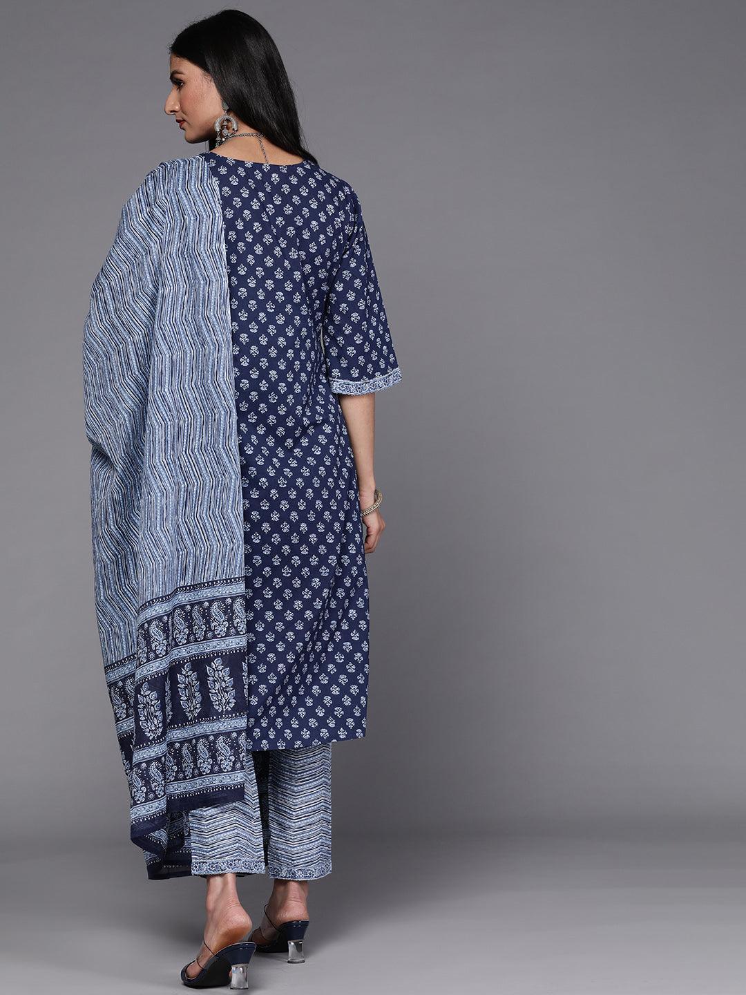 Blue Printed Cotton Suit Set - ShopLibas