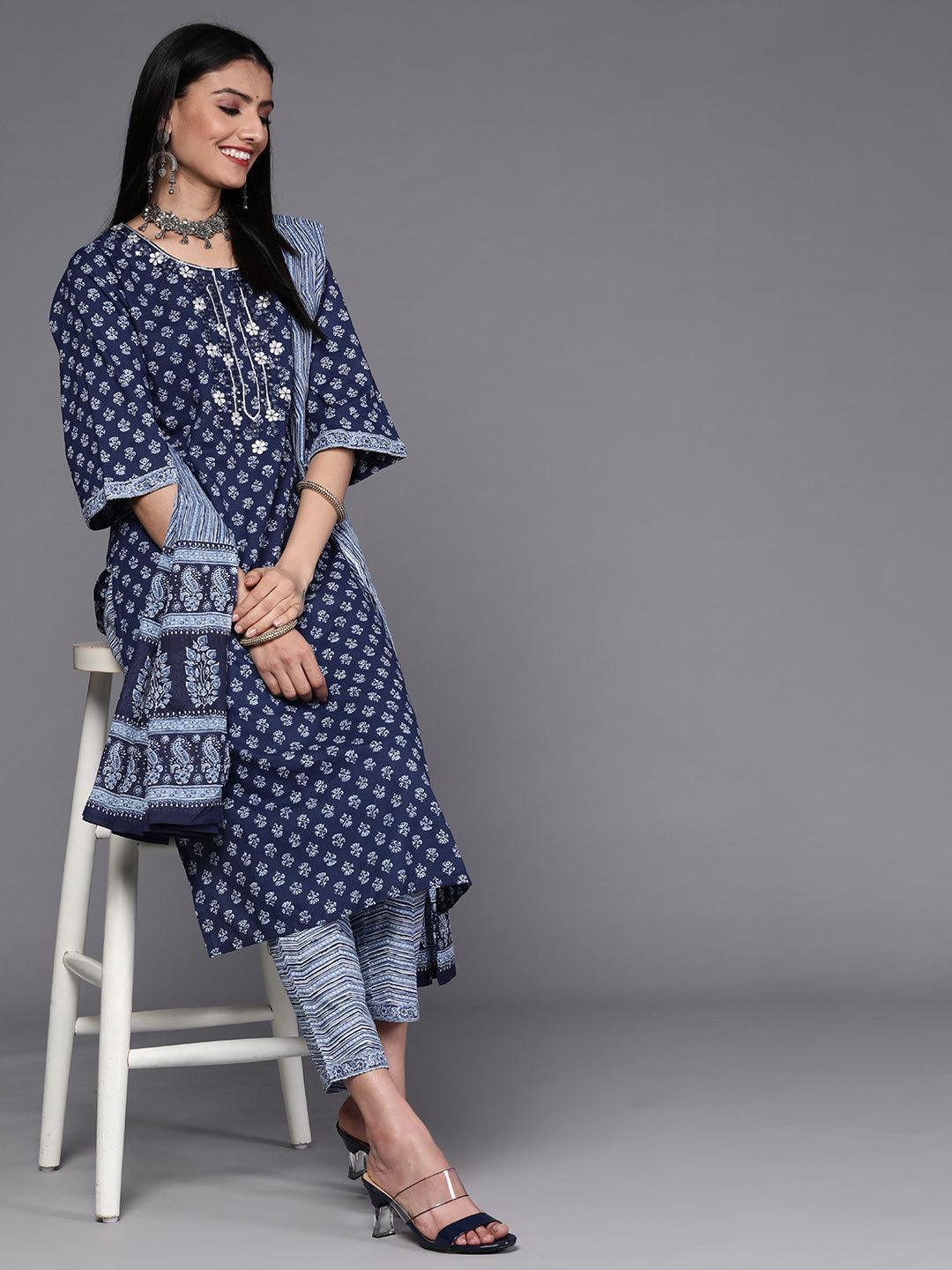 Blue Printed Cotton Suit Set