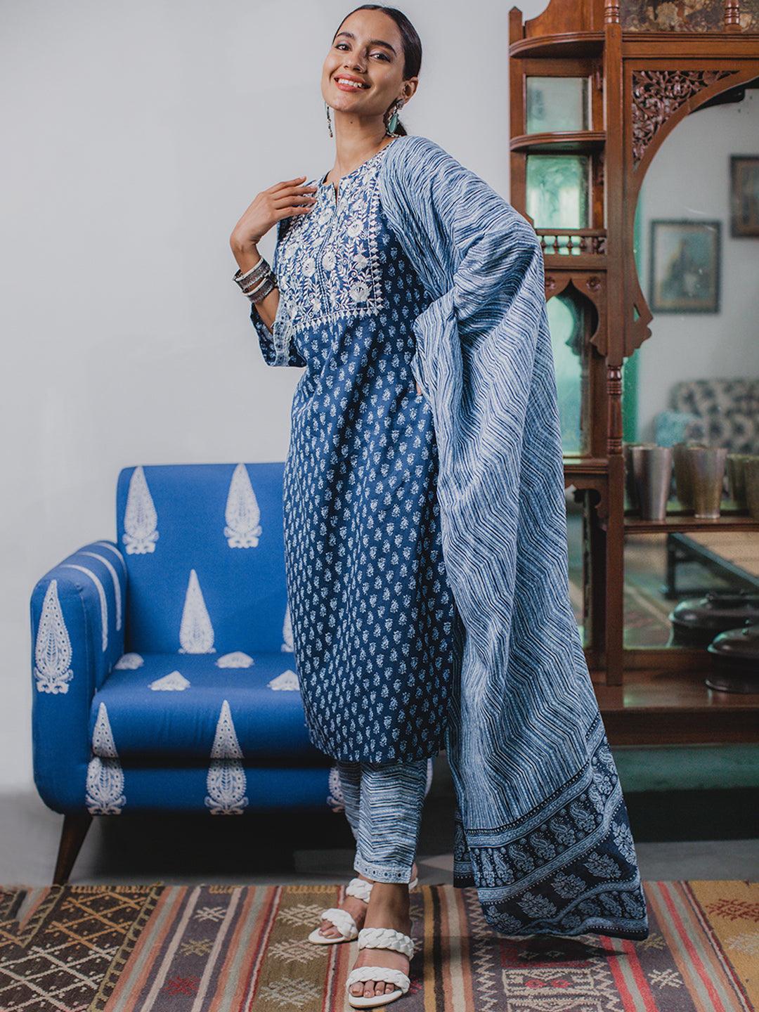 Blue Printed Cotton Suit Set - ShopLibas