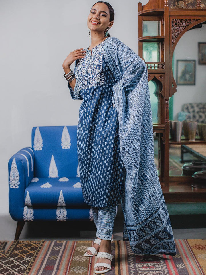 Blue Printed Cotton Suit Set - ShopLibas