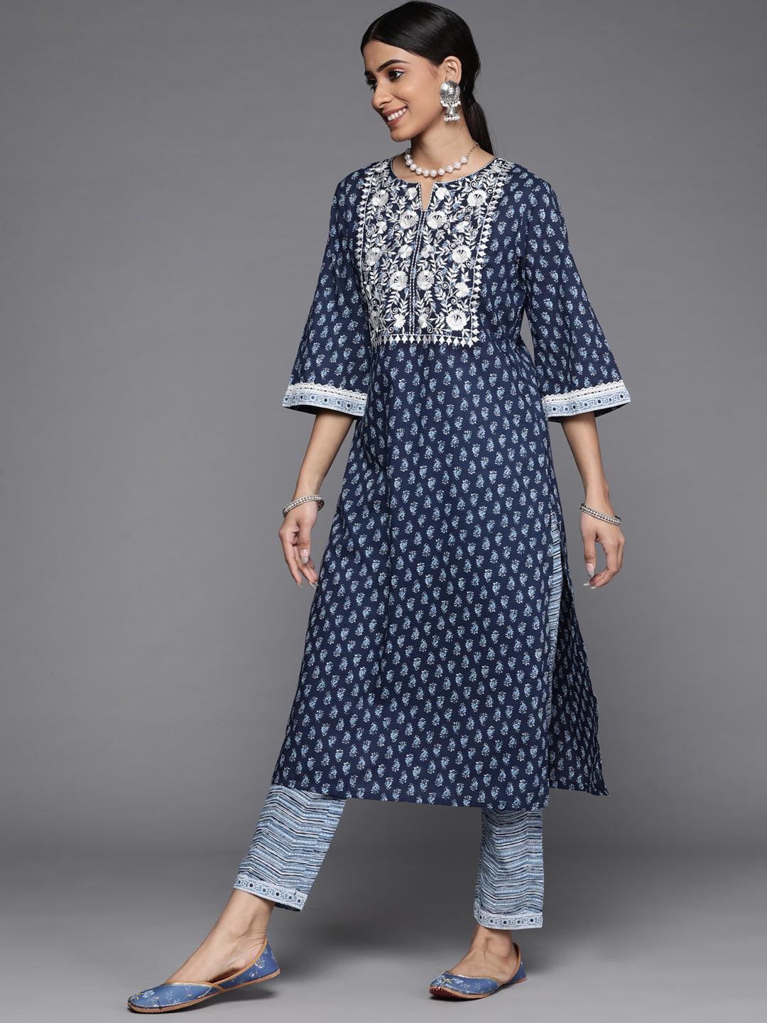 Blue Printed Cotton Suit Set