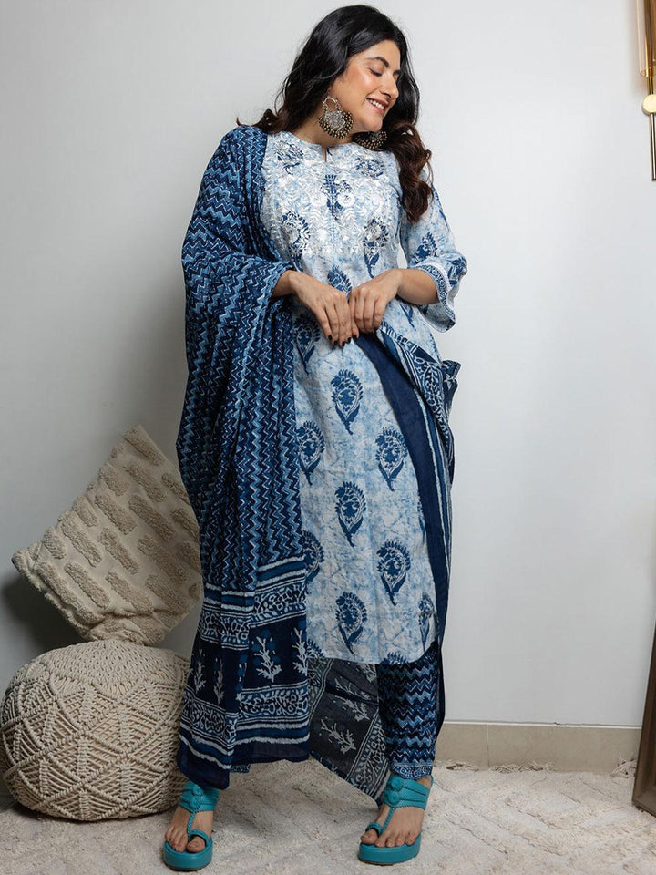 White Printed Cotton Suit Set - ShopLibas