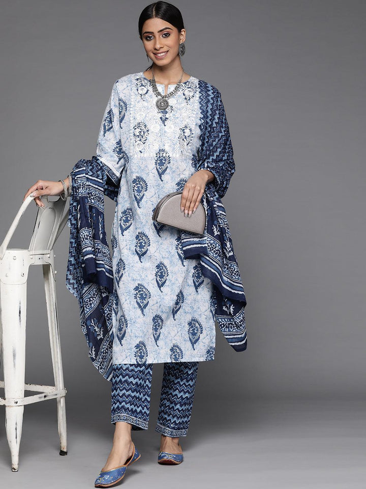 White Printed Cotton Suit Set - ShopLibas