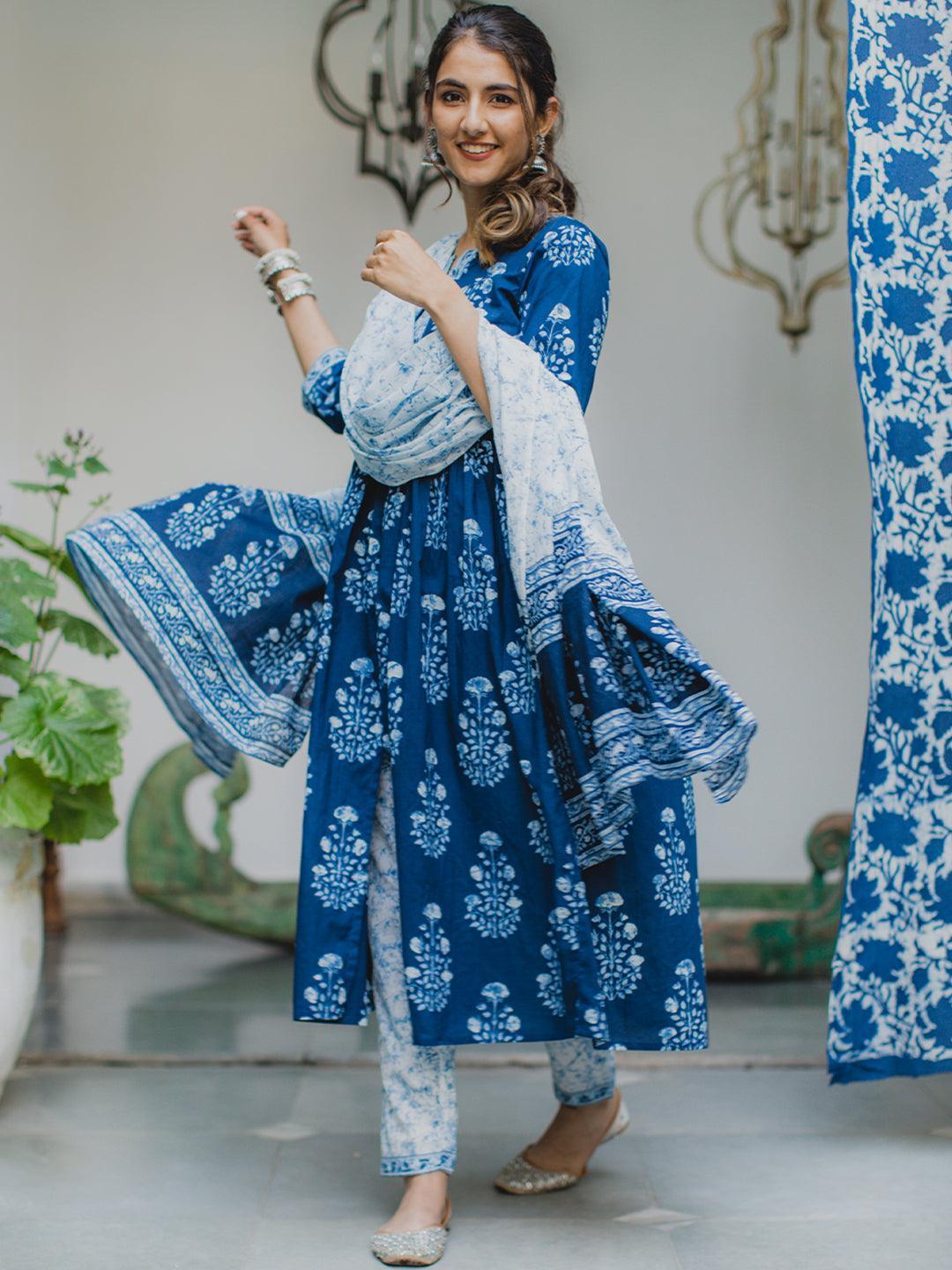 Blue Printed Cotton Suit Set