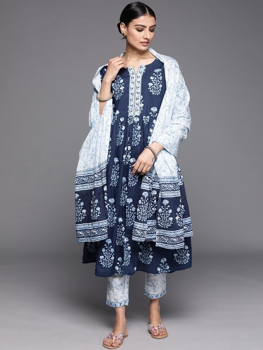 Blue Printed Cotton Suit Set - ShopLibas