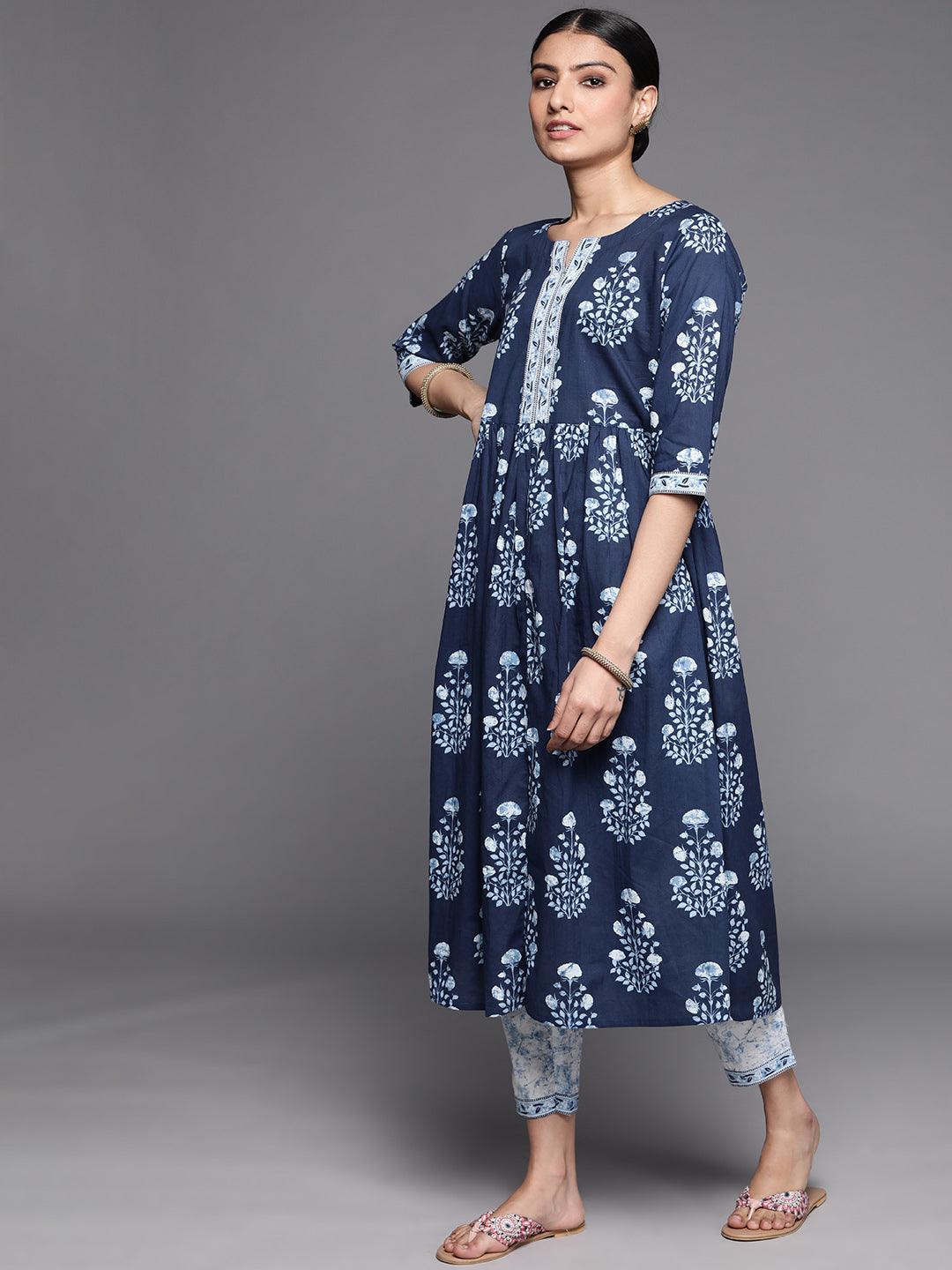 Blue Printed Cotton Suit Set - ShopLibas