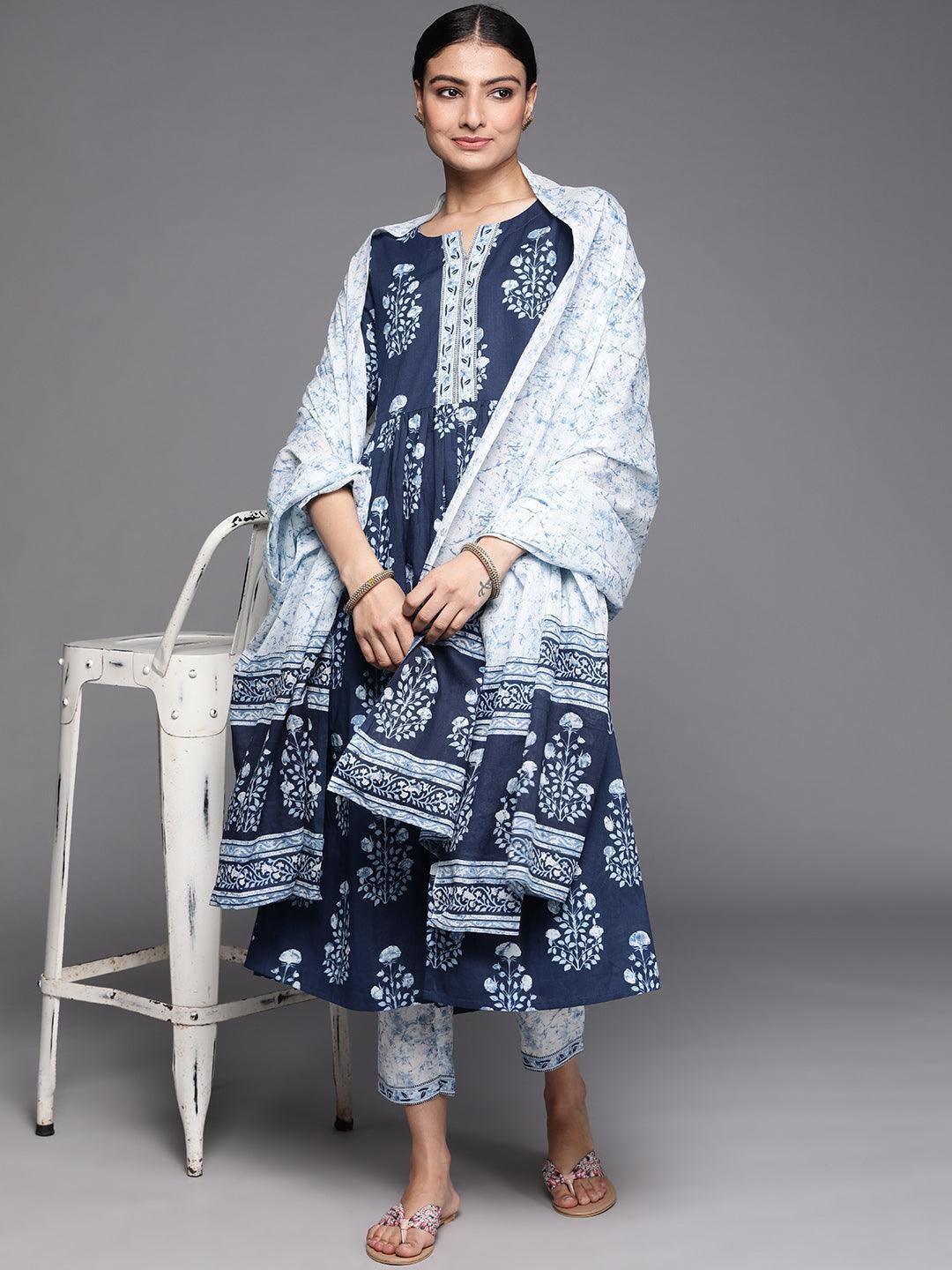 Blue Printed Cotton Suit Set