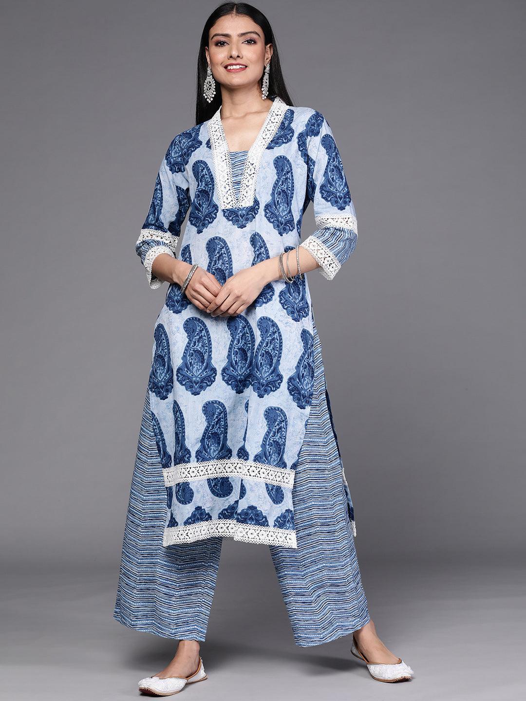 Blue Printed Cotton Kurta Set - ShopLibas