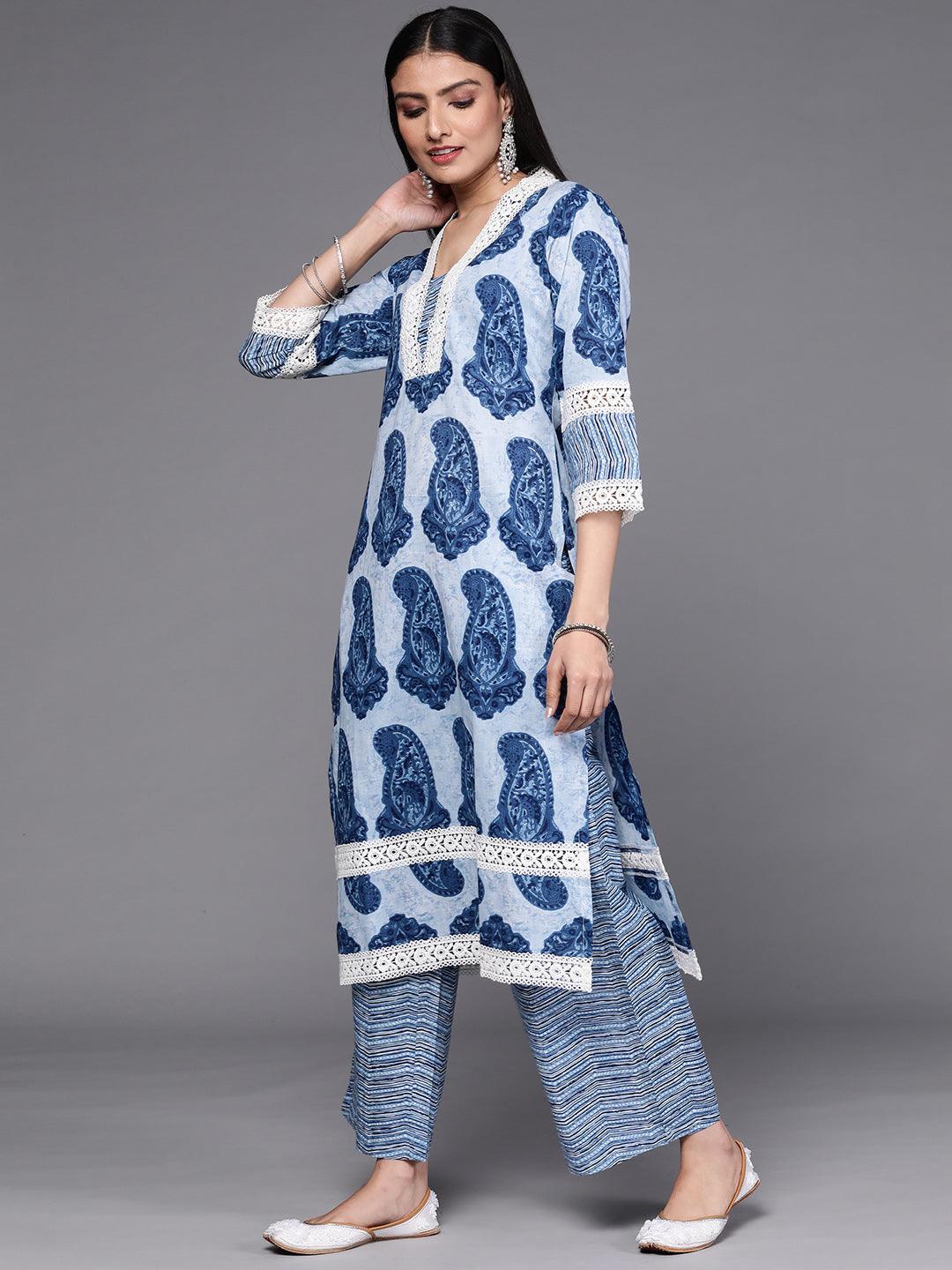 Blue Printed Cotton Kurta Set - ShopLibas