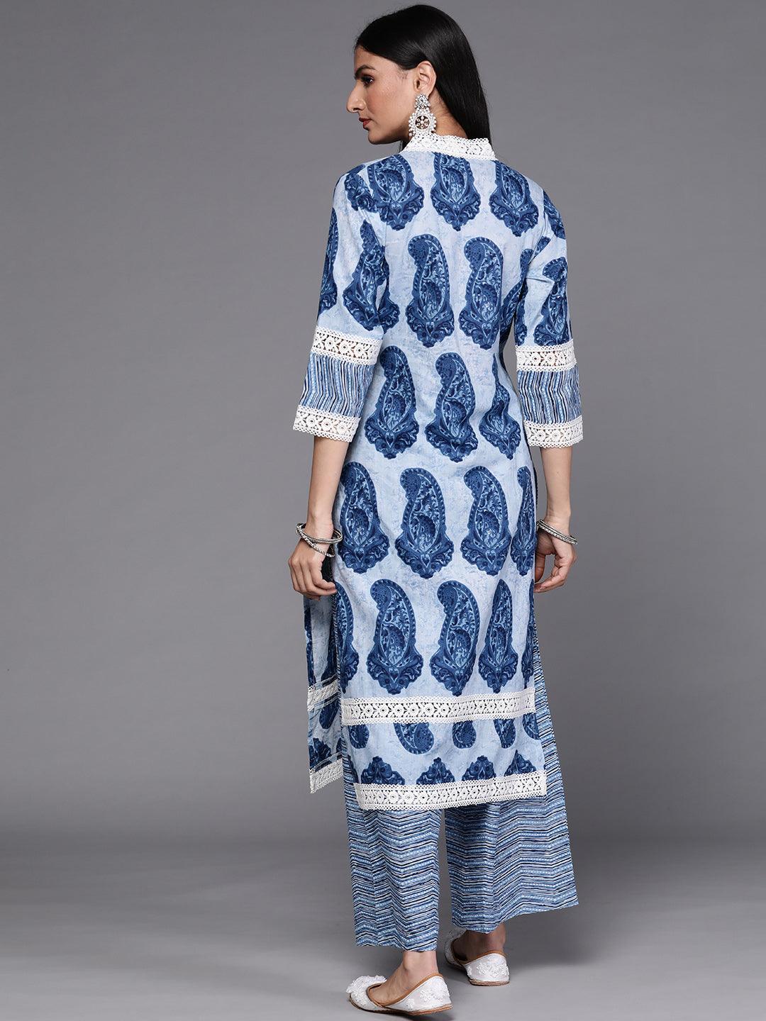 Blue Printed Cotton Kurta Set - ShopLibas