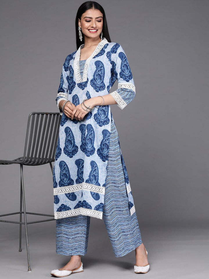 Blue Printed Cotton Kurta Set - ShopLibas