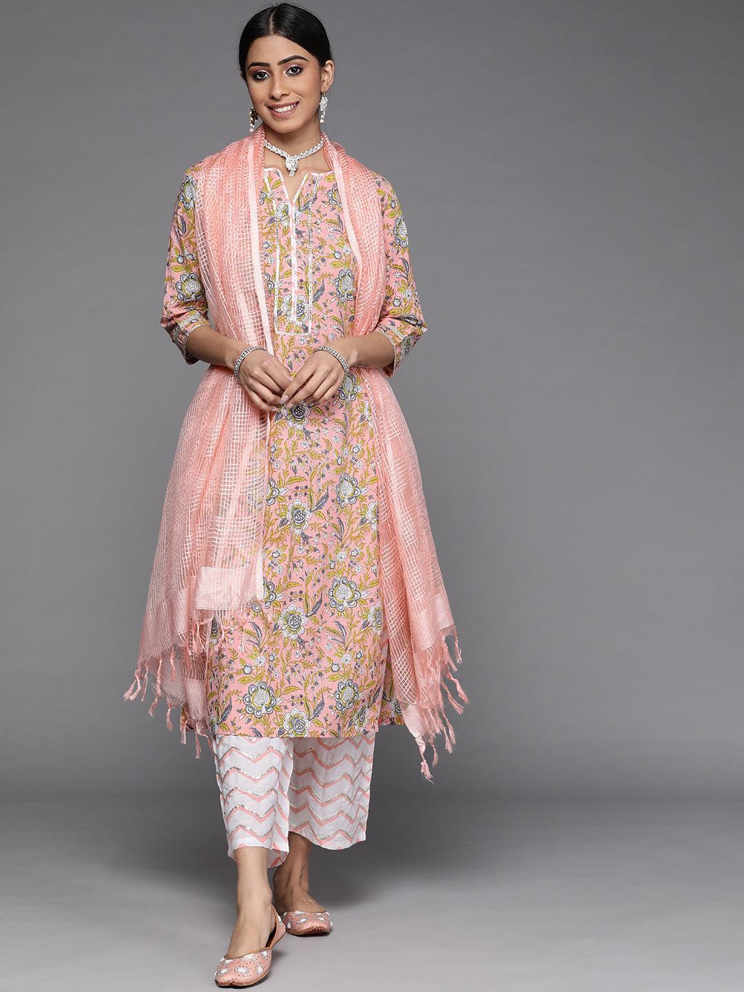 Peach Printed Cotton Suit Set