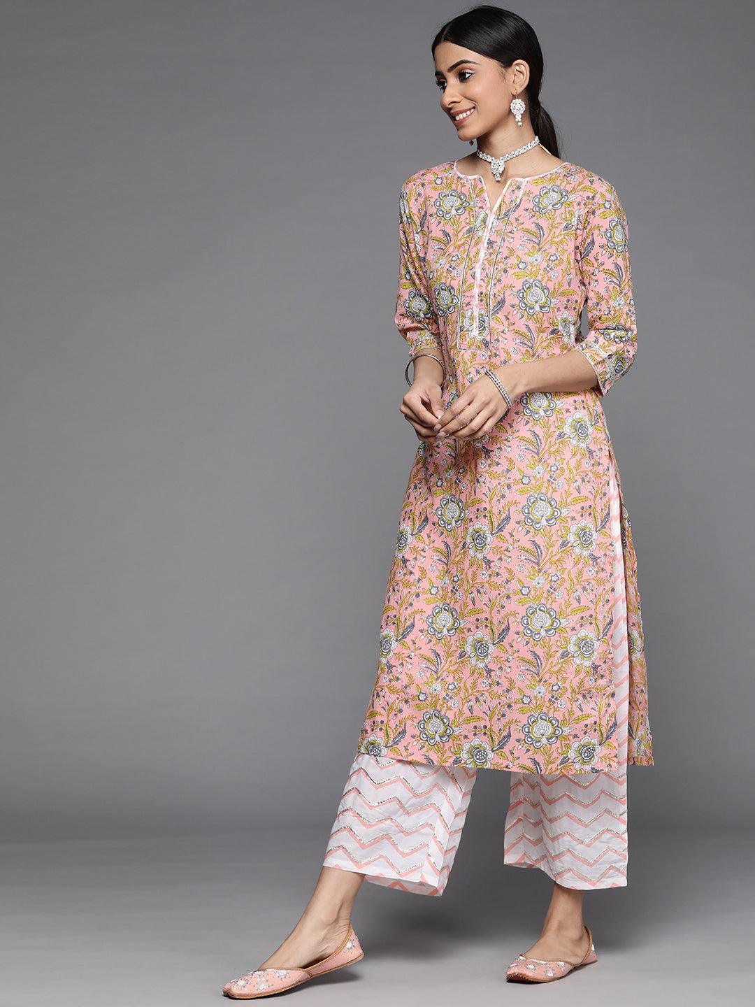 Peach Printed Cotton Suit Set