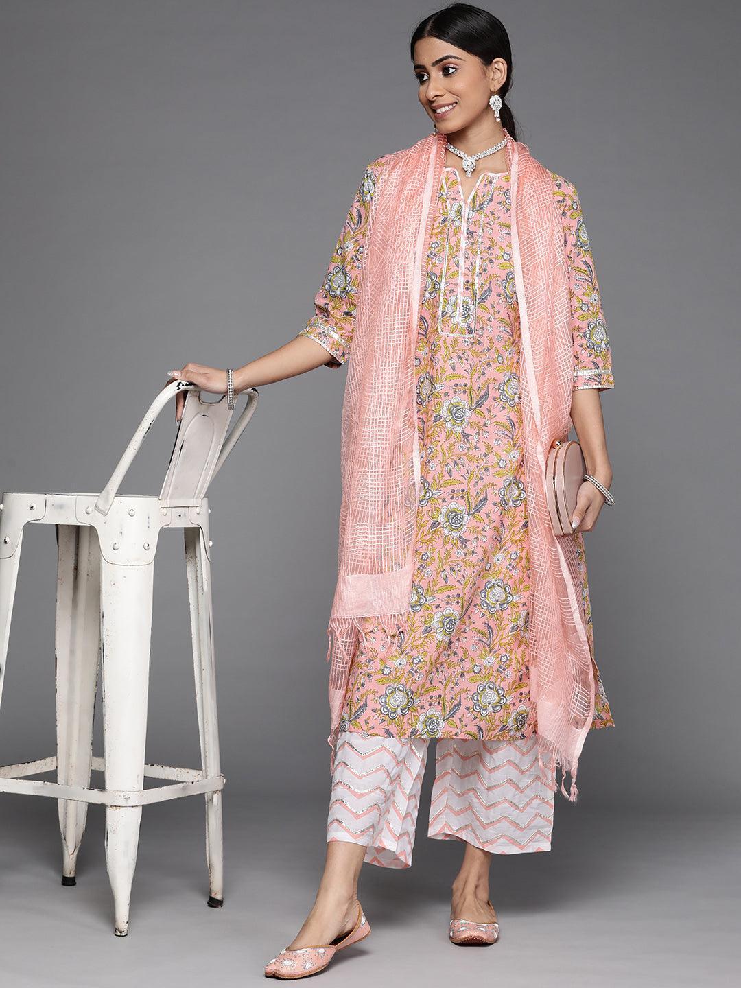 Peach Printed Cotton Suit Set