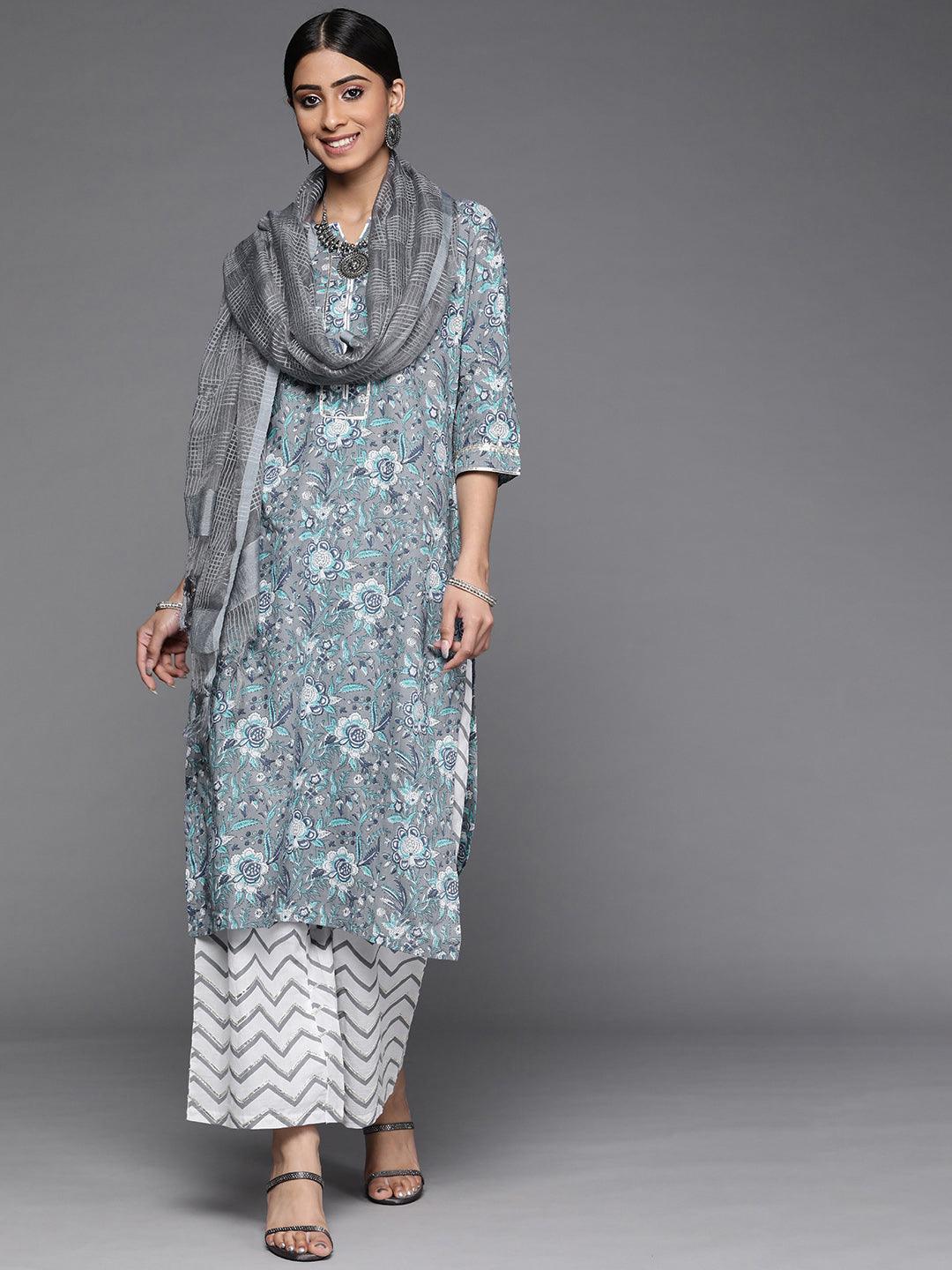 Grey Printed Cotton Suit Set