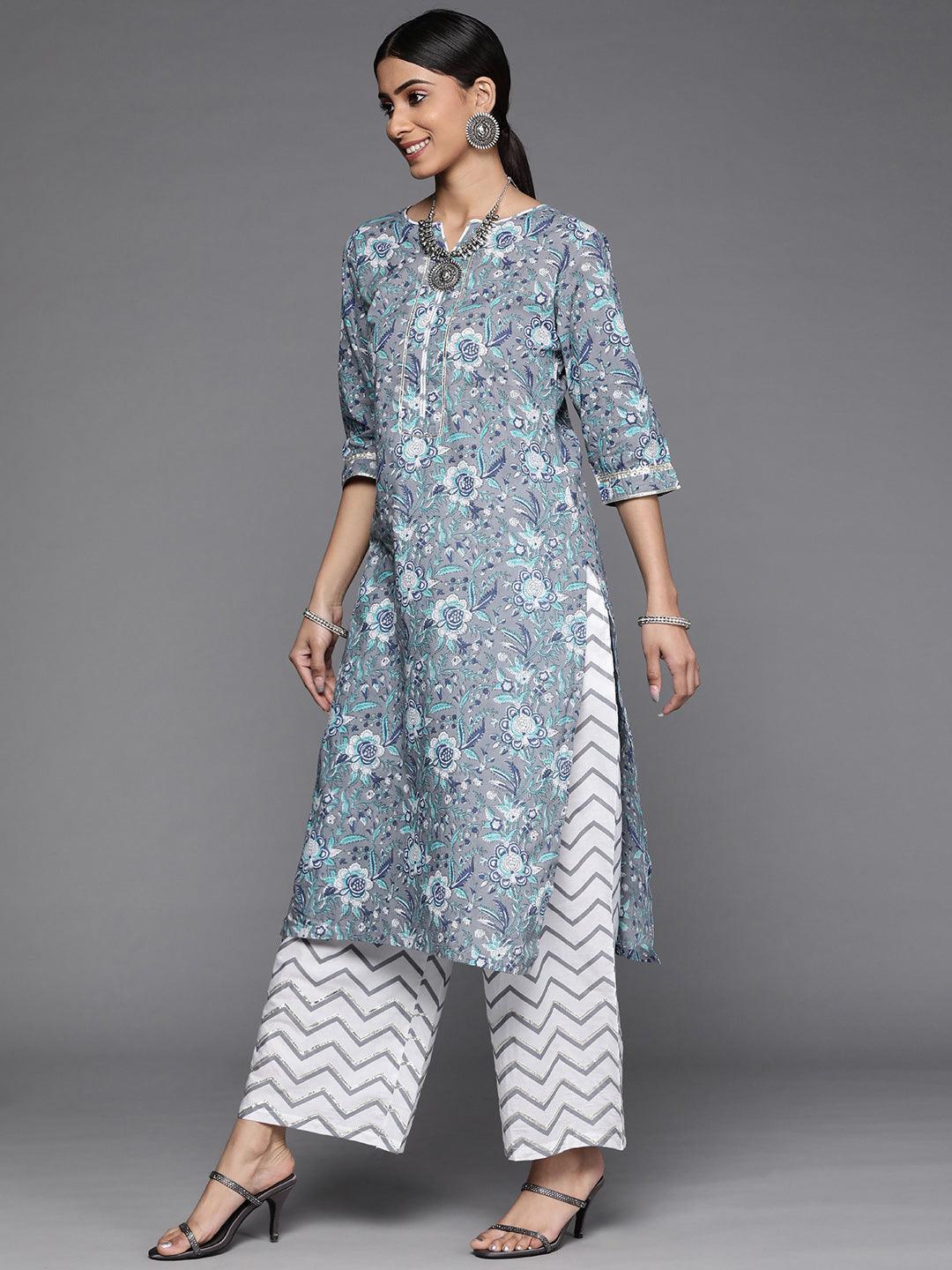 Grey Printed Cotton Suit Set