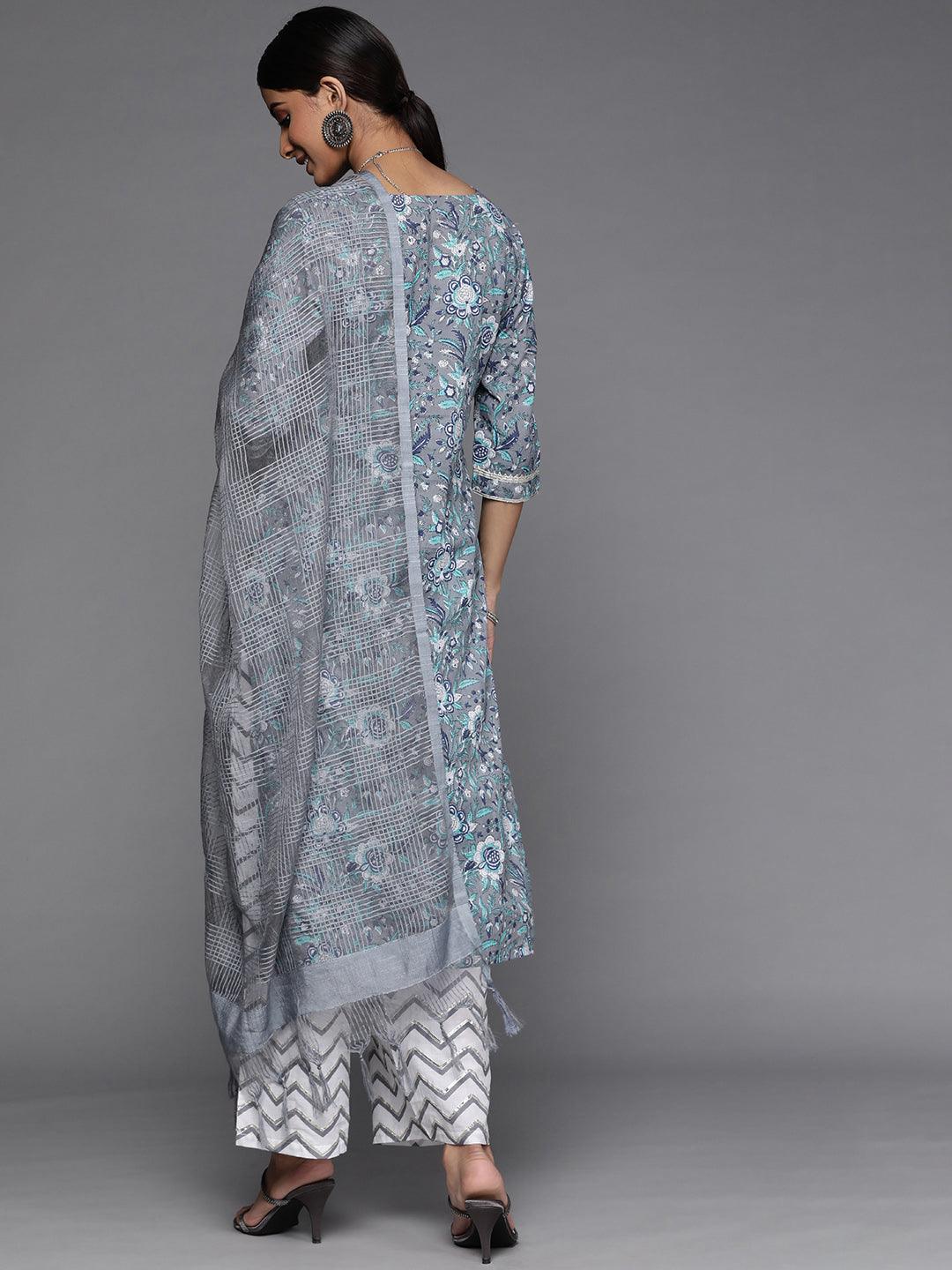 Grey Printed Cotton Suit Set