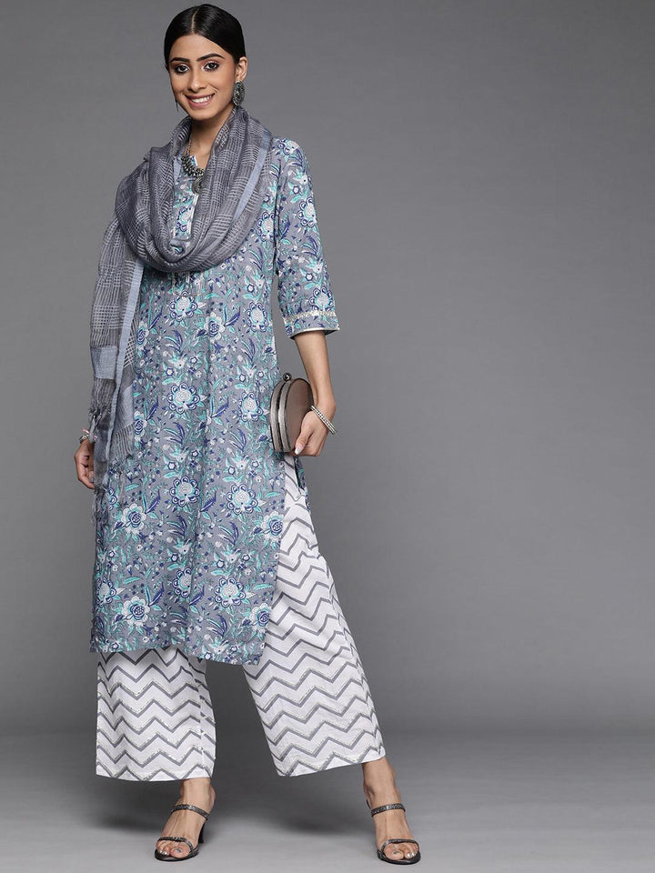 Grey Printed Cotton Suit Set - ShopLibas