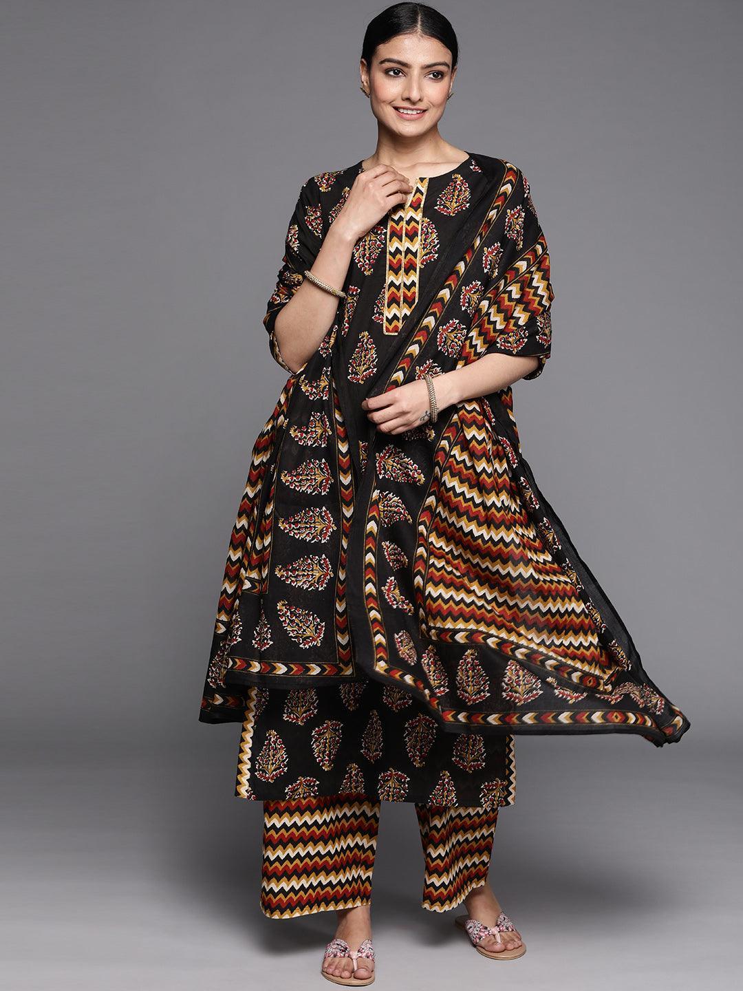 Black Printed Cotton Suit Set - ShopLibas