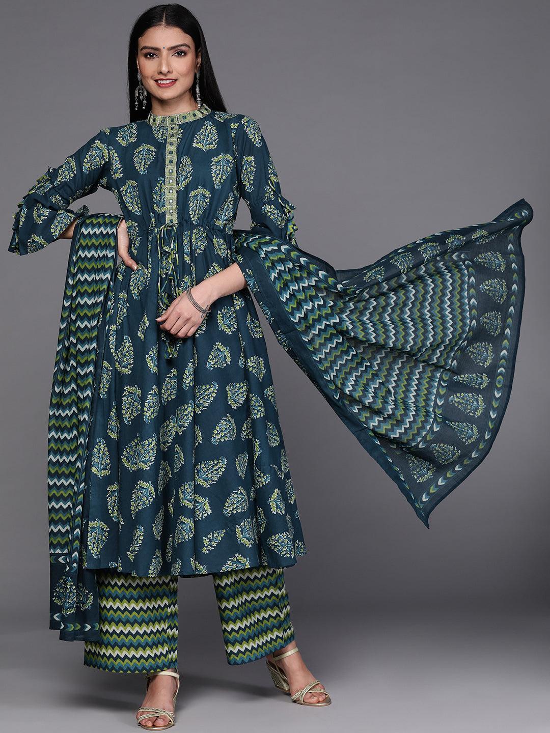 Blue Printed Cotton Suit Set - ShopLibas