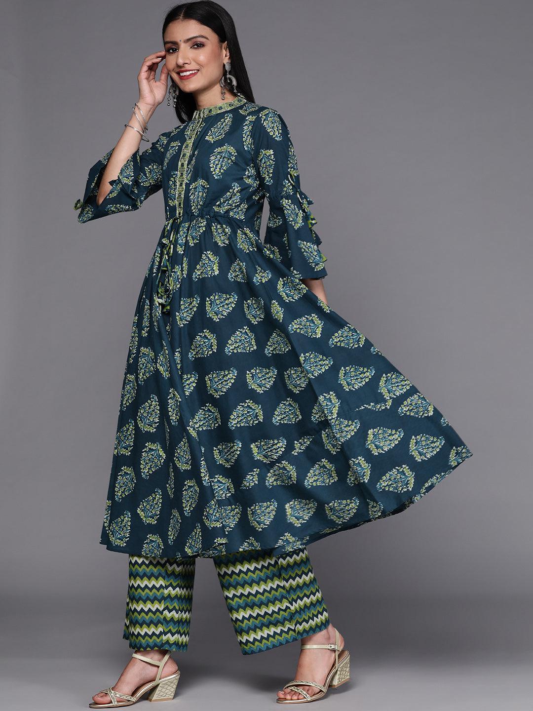 Blue Printed Cotton Suit Set - ShopLibas