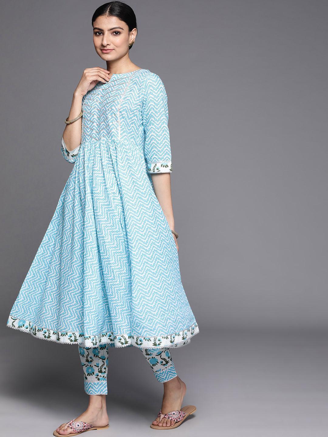 Blue Printed Cotton Suit Set - ShopLibas