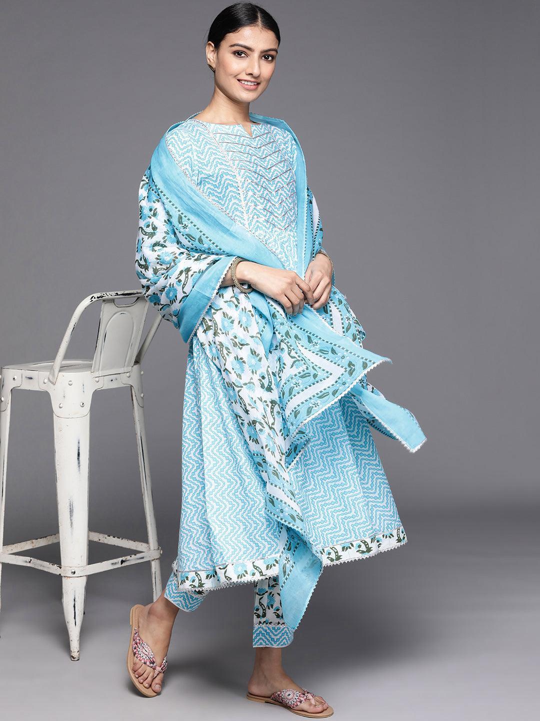 Blue Printed Cotton Suit Set