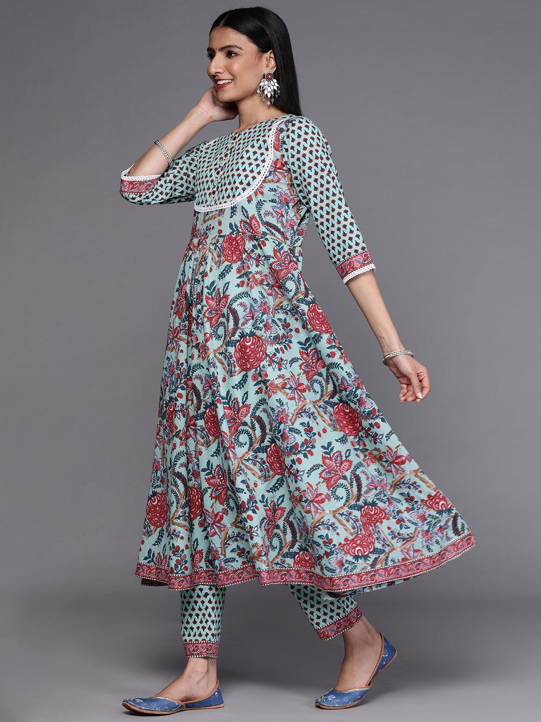 Blue Printed Cotton Suit Set - ShopLibas