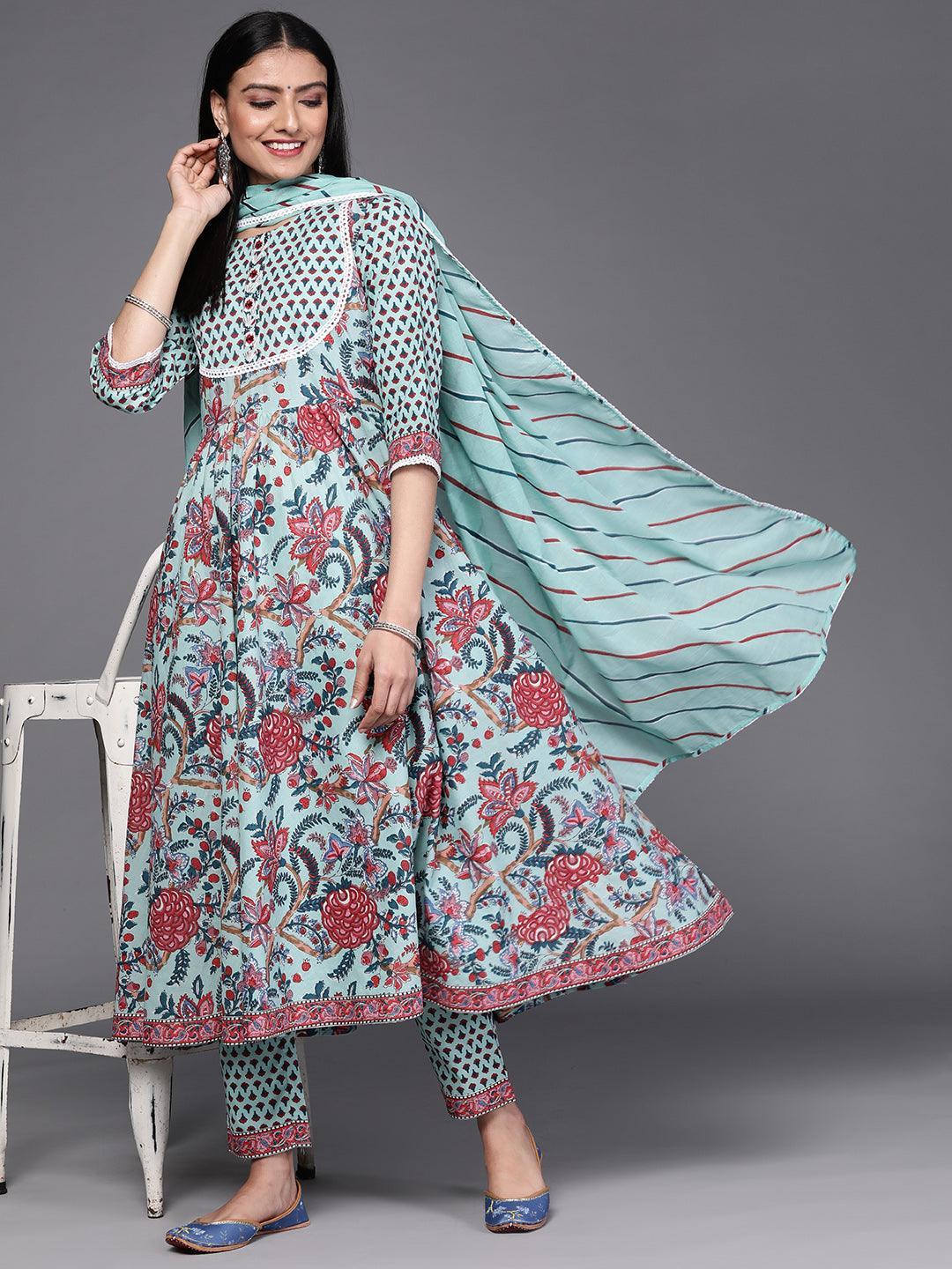 Blue Printed Cotton Suit Set - ShopLibas