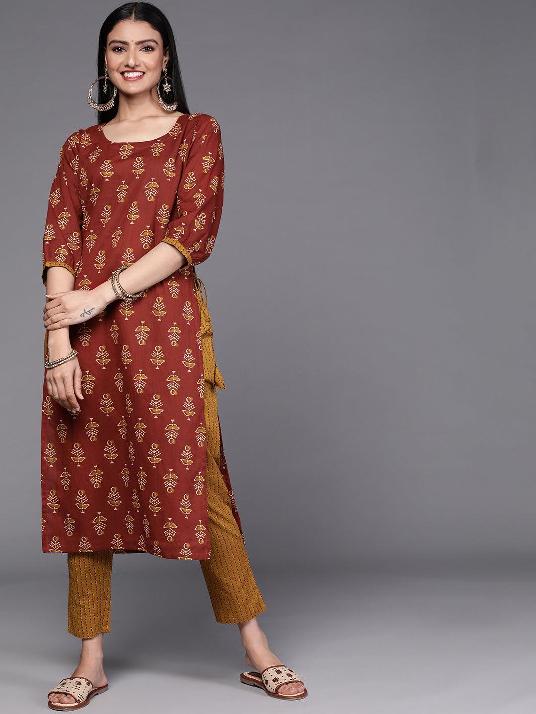 Rust Printed Cotton Kurta Set