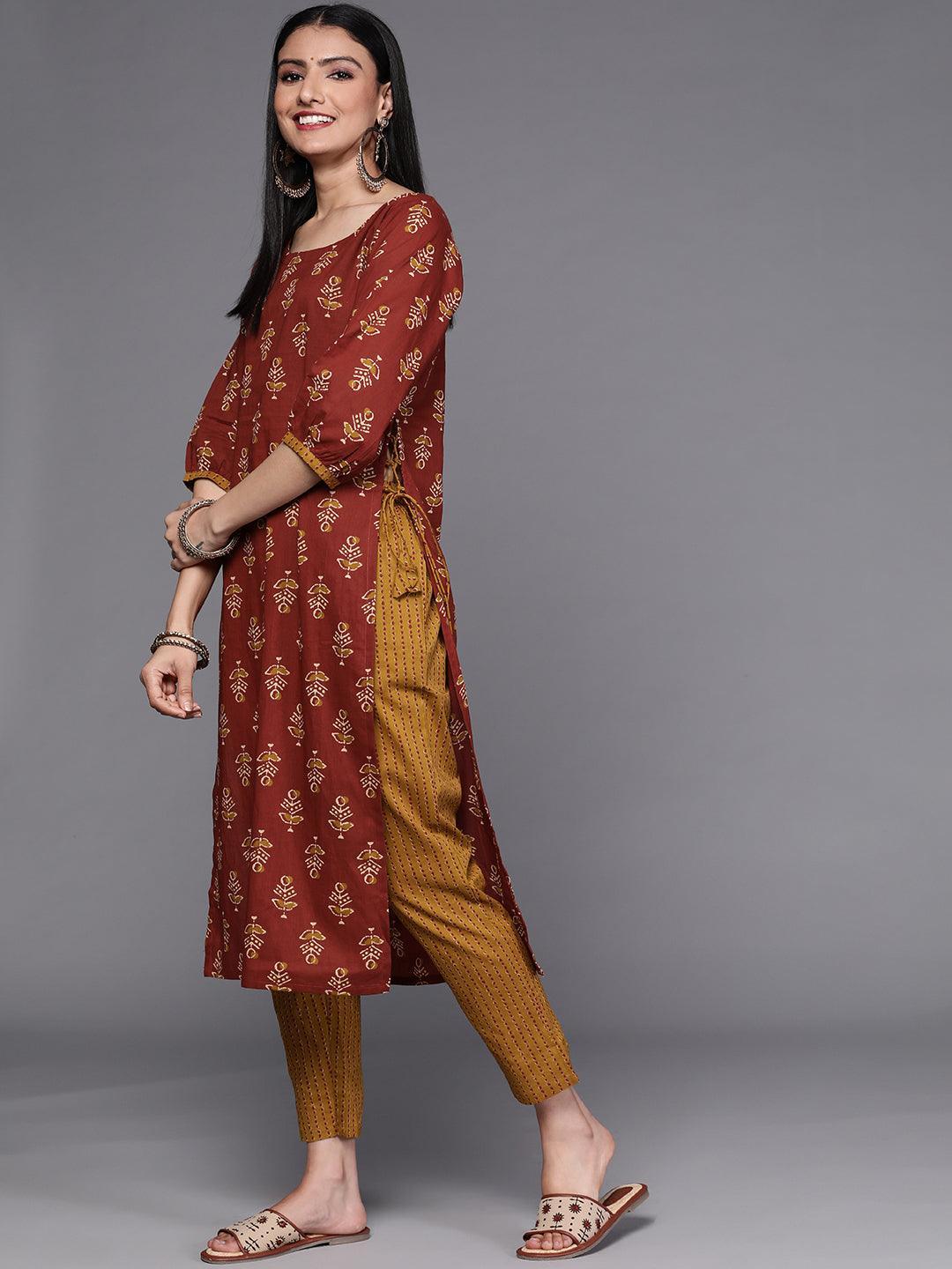 Rust Printed Cotton Kurta Set