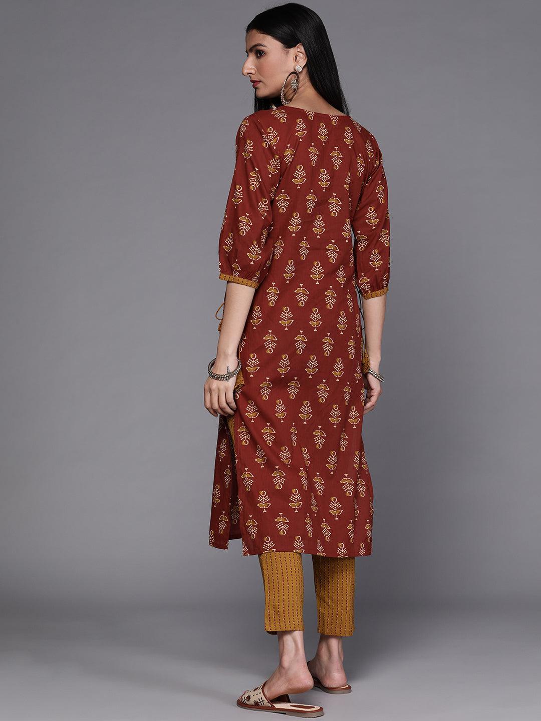 Rust Printed Cotton Kurta Set