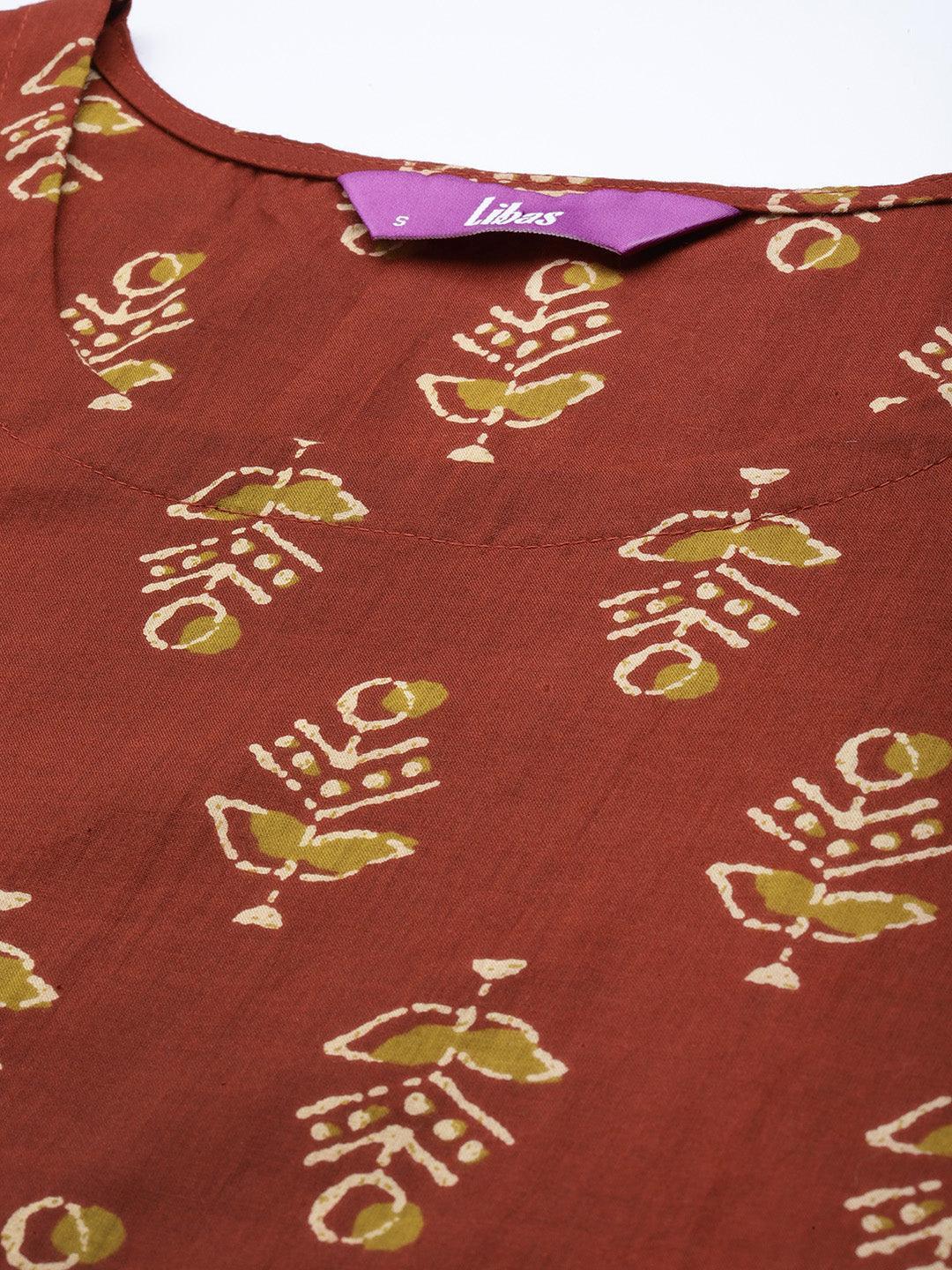 Rust Printed Cotton Kurta Set